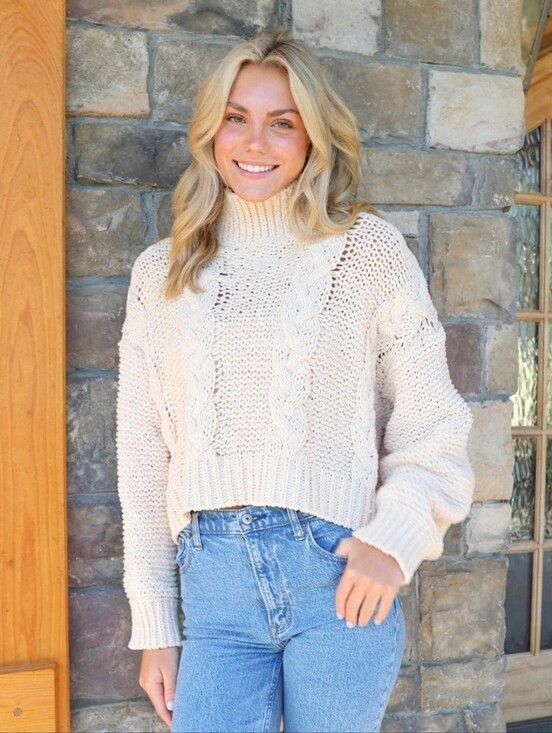 Simply Southern Sweaters - Simply Southern Women’s Cream Cable Knit Turtleneck Sweater